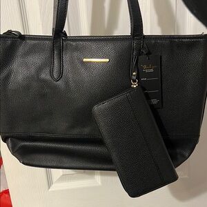 3 PCS Women’s vegan leather Black tote bag set with wristlet and wallet NEW